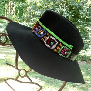 Bohemian Black Felt Wool Hat with Colorful Sash